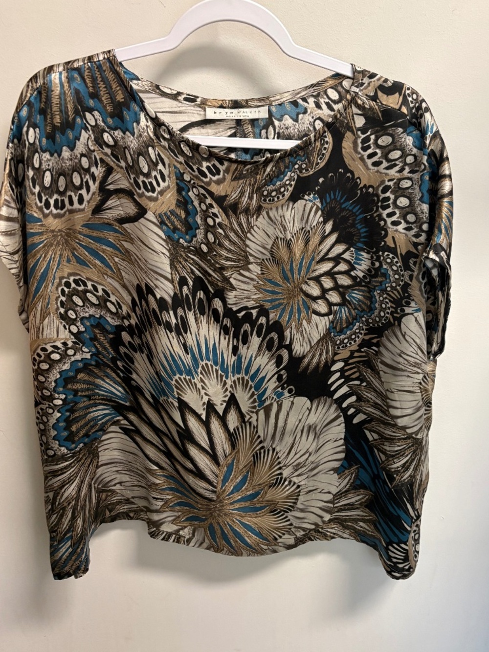 Bryn Walker Bess Brown and Teal 100% Silk Botanical Print Dolman Sleeve Top S